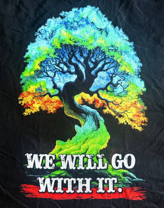 Black Unisex Premium Heavyweight Back-Design Tee "We Will Go With It - Neon Tree" by Designer and Artist Lucas Gillon