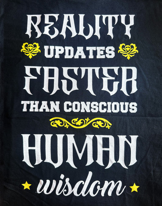 Black Unisex Premium Heavyweight Back-Design Tee "Reality Updates Faster" by Designer and Artist Lucas Gillon