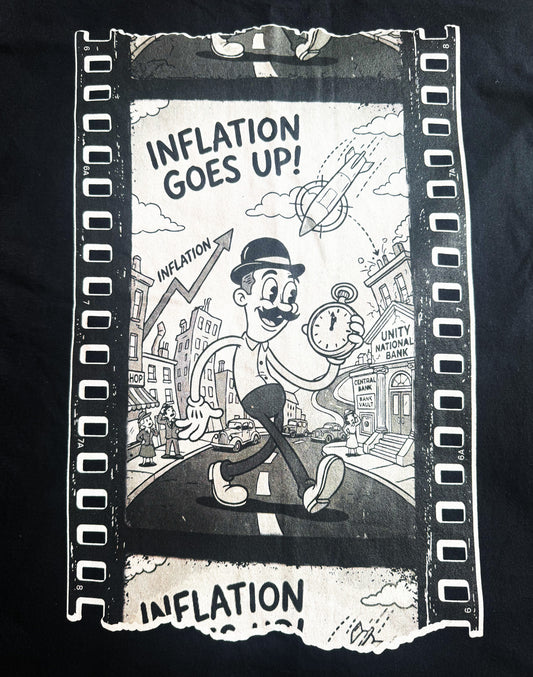 to finish - REDO IT STRAIGHT - Black Unisex Premium Original Heavyweight Back-Design Tee "Inflation Goes Up" by Designer and Artist Lucas Gillon