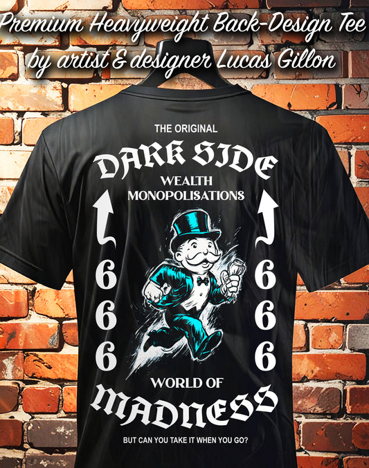 Black Unisex Premium Heavyweight Back-Design Tee "Dark Side - Wealth Monopolisations" by Designer and Artist Lucas Gillon