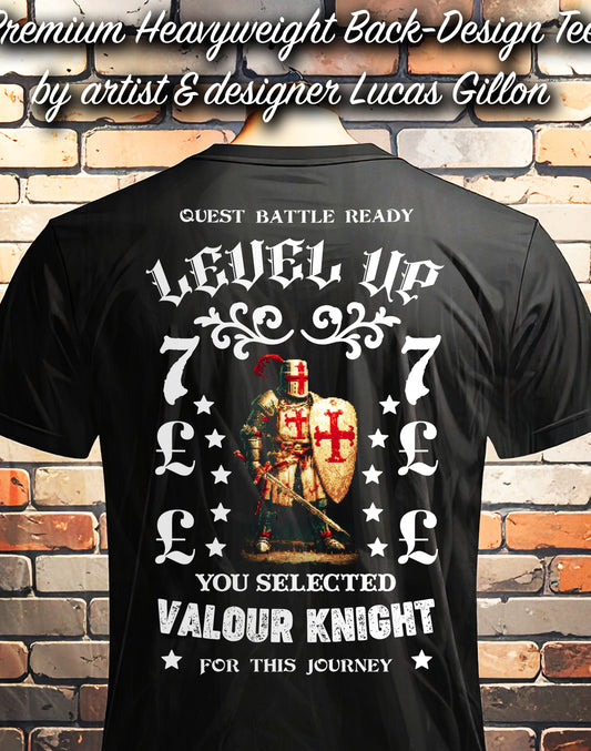 Black Unisex Premium Heavyweight Back-Design Tee "Level Up - Valour Knight" by Designer and Artist Lucas Gillon