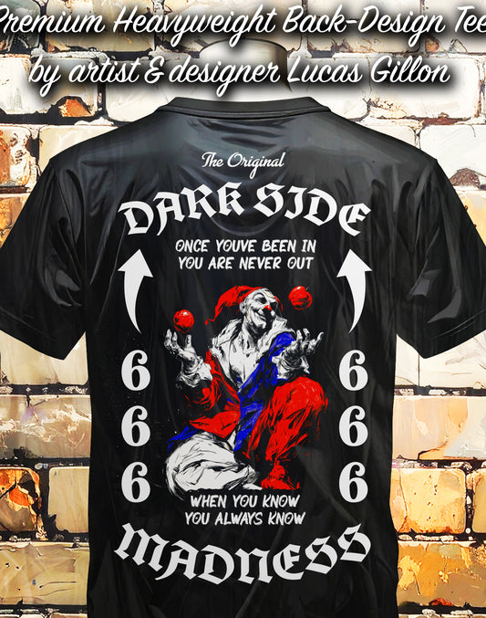Black Unisex Premium Heavyweight Back-Design Tee "Dark Side - Once You've Been In" by Designer and Artist Lucas Gillon