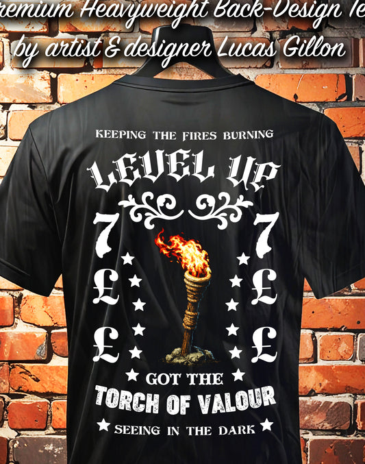 to finish - Black Unisex Premium Heavyweight Back-Design Tee "Level Up - Torch of Valour" by Designer and Artist Lucas Gillon