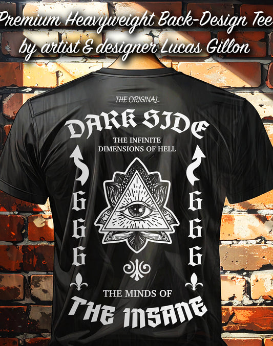 to finish - Black Unisex Premium Heavyweight Back-Design Tee "Dark Side - Dimensions of Hell" by Designer and Artist Lucas Gillon