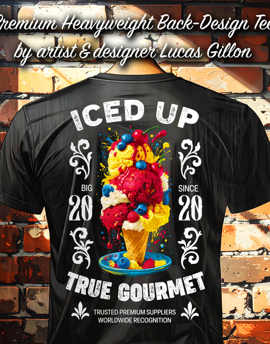 Black Unisex Premium Heavyweight Back-Design Tee "Gourmet Iced Up" by Designer and Artist Lucas Gillon