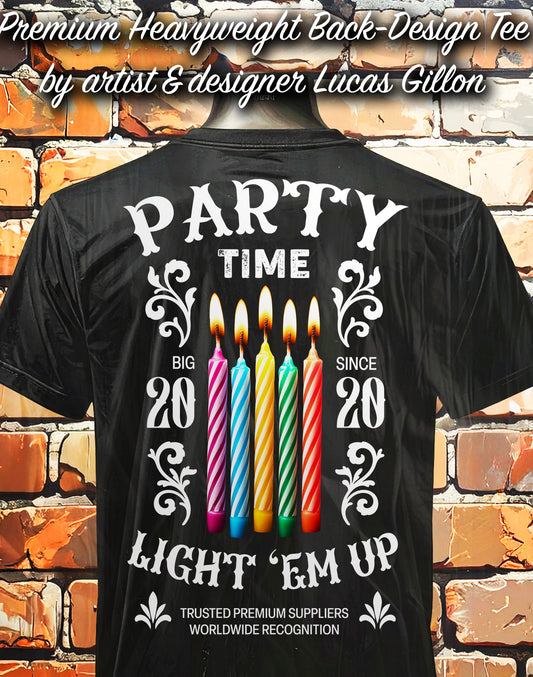 to finish - Black Unisex Premium Heavyweight Back-Design Tee "Party Time" by Designer and Artist Lucas Gillon