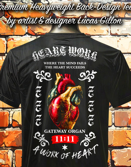 Black Unisex Premium Heavyweight Back-Design Tee "Heart Work" by Designer and Artist Lucas Gillon