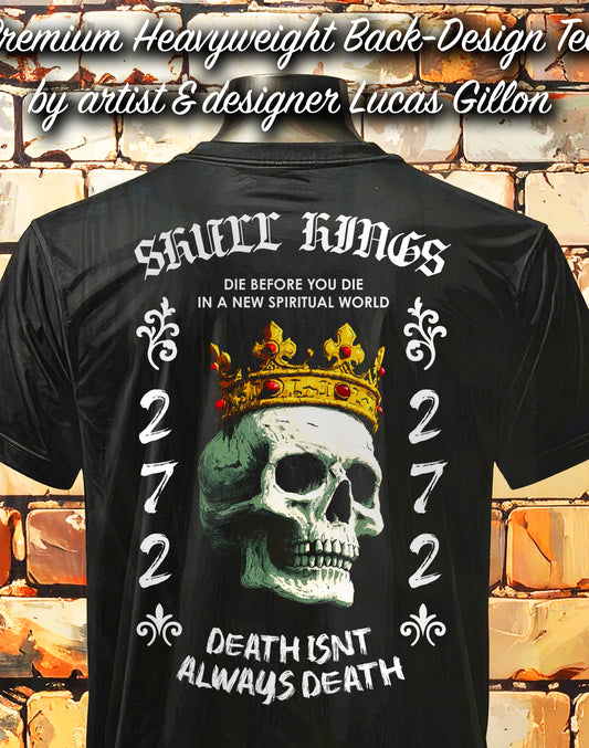 REDO - BETTER FONT BOTTOM - AI PIC & DECORATIVES - Black Unisex Premium Heavyweight Back-Design Tee "Skull Kings" by Designer and Artist Lucas Gillon