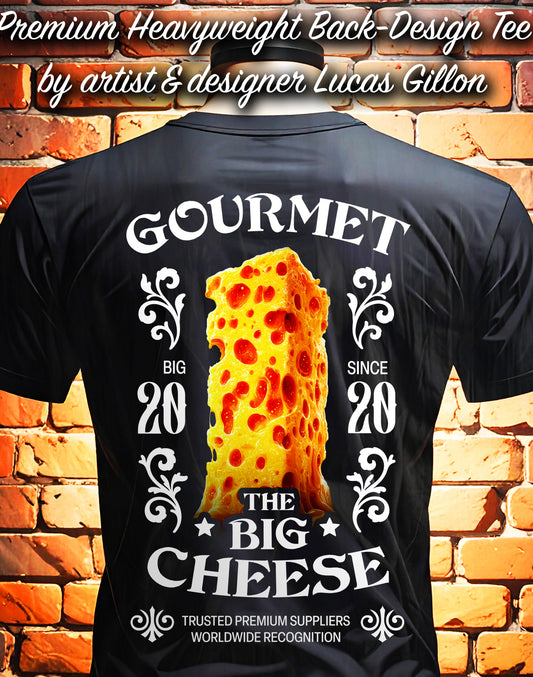 Black Unisex Premium Heavyweight Back-Design Tee "The Big Cheese" by Designer and Artist Lucas Gillon