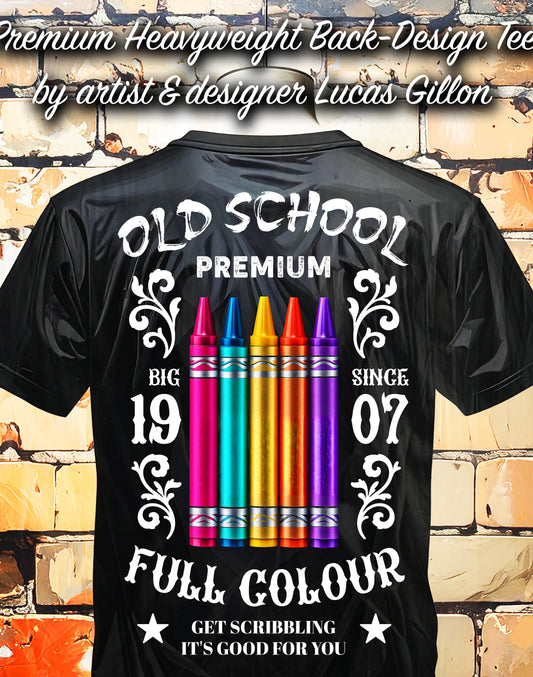 to finish - Black Unisex Premium Heavyweight Back-Design Tee "Old School Crayons" by Designer and Artist Lucas Gillon
