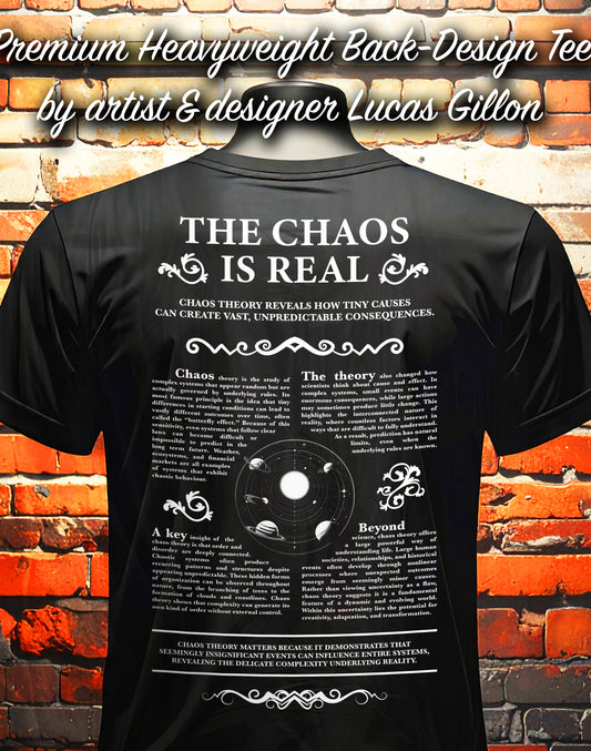 Black Unisex Premium Heavyweight Back-Design Tee "Chaos Theory V No. 2" by Designer and Artist Lucas Gillon