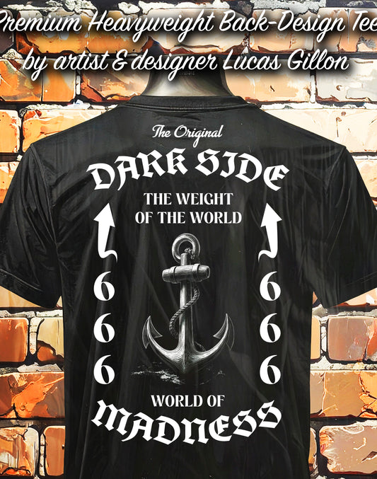 to finish - Black Unisex Premium Heavyweight Back-Design Tee "Dark Side - Weight of the World" by Designer and Artist Lucas Gillon