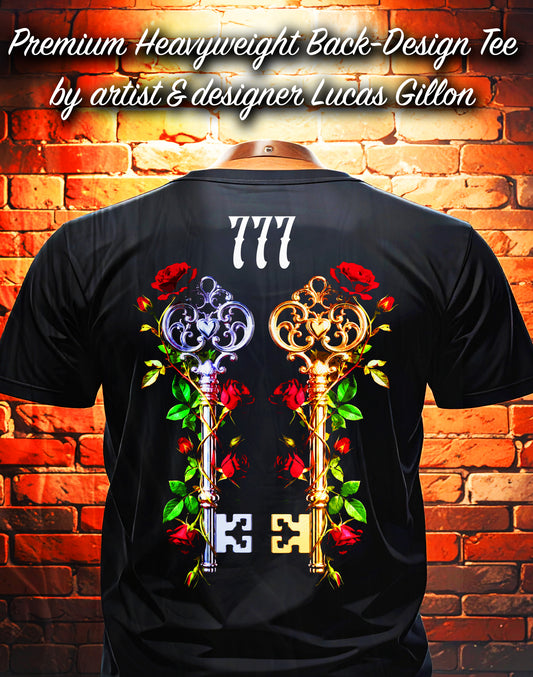 Black Unisex Premium Original Heavyweight Back-Design Tee "777 Keys" by Designer and Artist Lucas Gillon