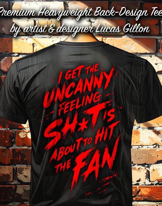 Black Unisex Premium Heavyweight Back-Design Tee "Sh*t Hits the Fan" by Designer and Artist Lucas Gillon