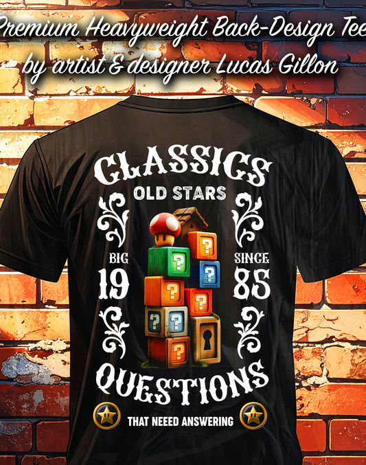 to finish - Black Unisex Premium Heavyweight Back-Design Tee "Question Blocks" by Designer and Artist Lucas Gillon