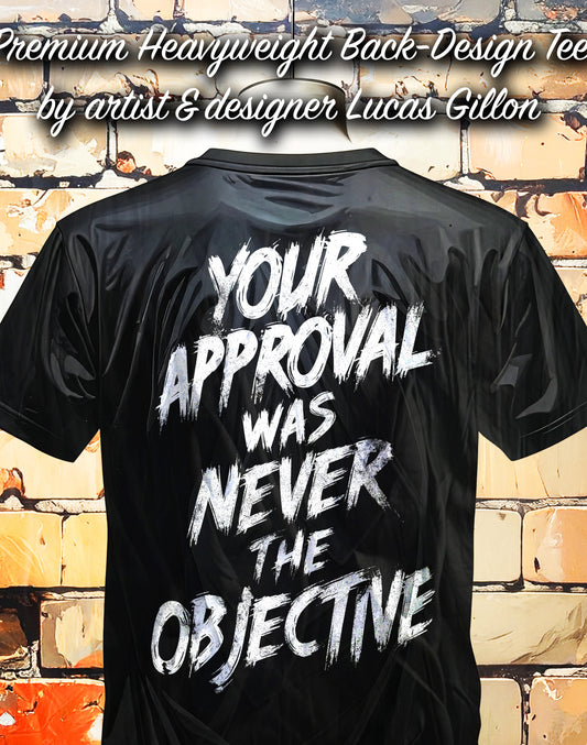 Black Unisex Premium Heavyweight Back-Design Tee "Never The Objective" by Designer and Artist Lucas Gillon