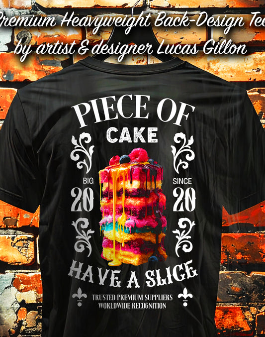to finish - Black Unisex Premium Heavyweight Back-Design Tee "Vintage Piece of Cake" by Designer and Artist Lucas Gillon