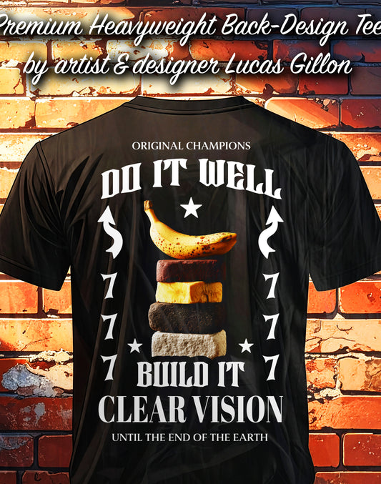 Black Unisex Premium Heavyweight Back-Design Tee "777 - Do It Well" by Designer and Artist Lucas Gillon