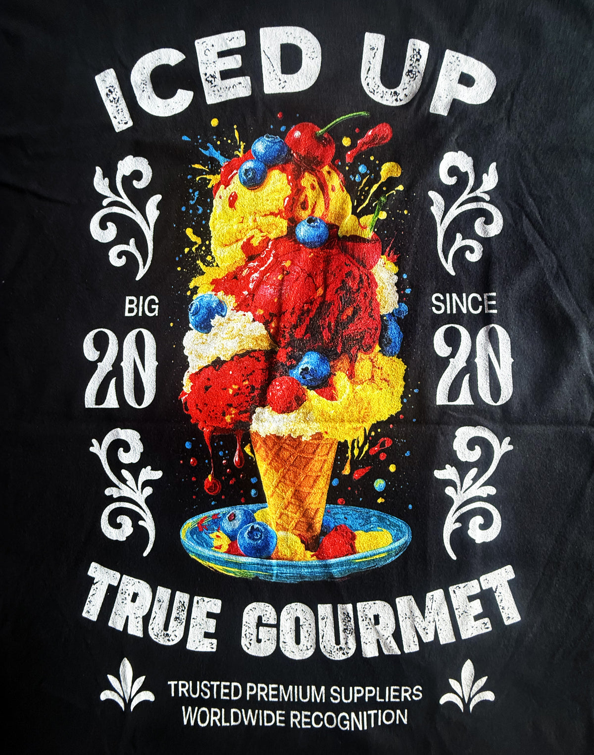 Black Unisex Premium Heavyweight Back-Design Tee "Gourmet Iced Up" by Designer and Artist Lucas Gillon