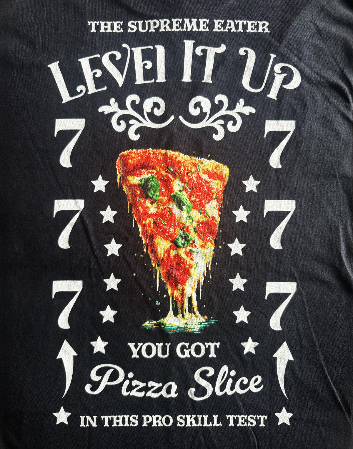 Black Unisex Premium Heavyweight Back-Design Tee "Level It Up - You Got Pizza Slice" by Designer and Artist Lucas Gillon