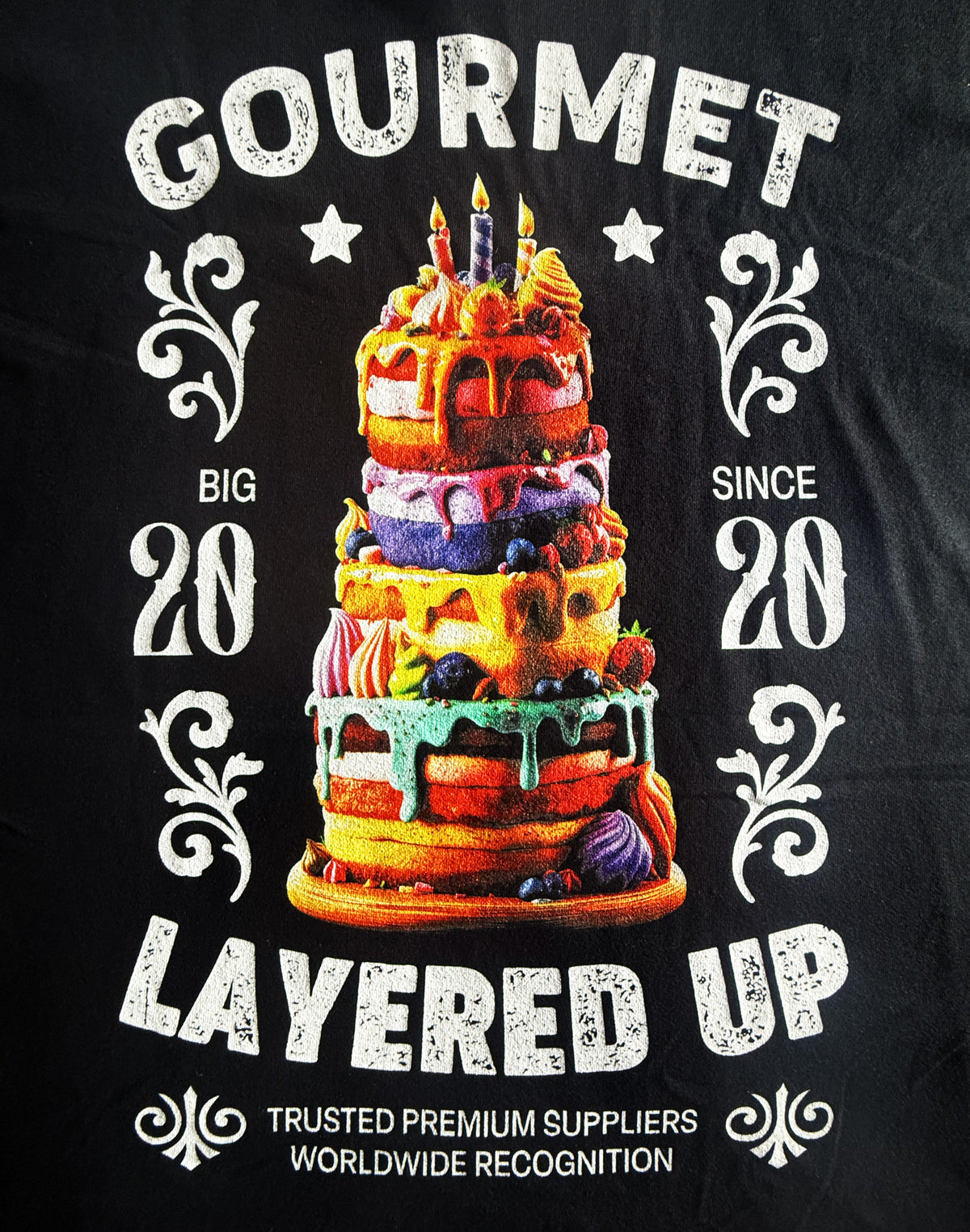 Black Unisex Premium Heavyweight Back-Design Tee "Gourmet Layered Up" by Designer and Artist Lucas Gillon