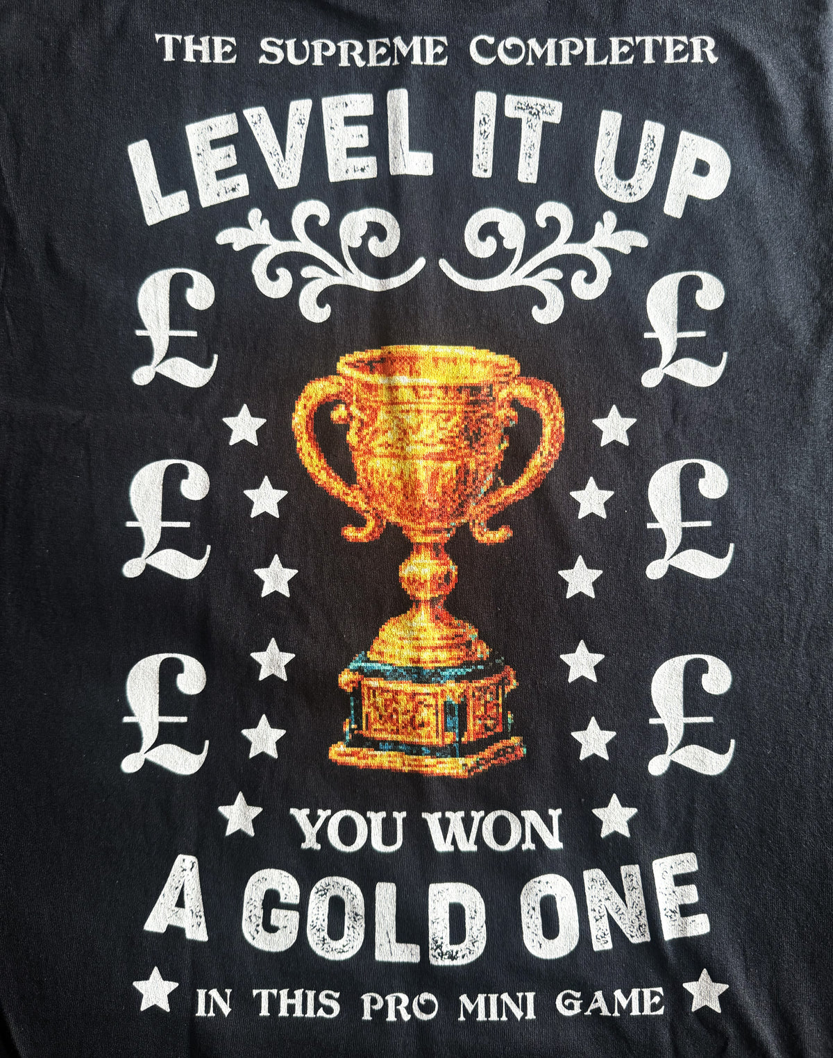 Black Unisex Premium Heavyweight Back-Design Tee "Level It Up - Gold Trophy" by Designer and Artist Lucas Gillon
