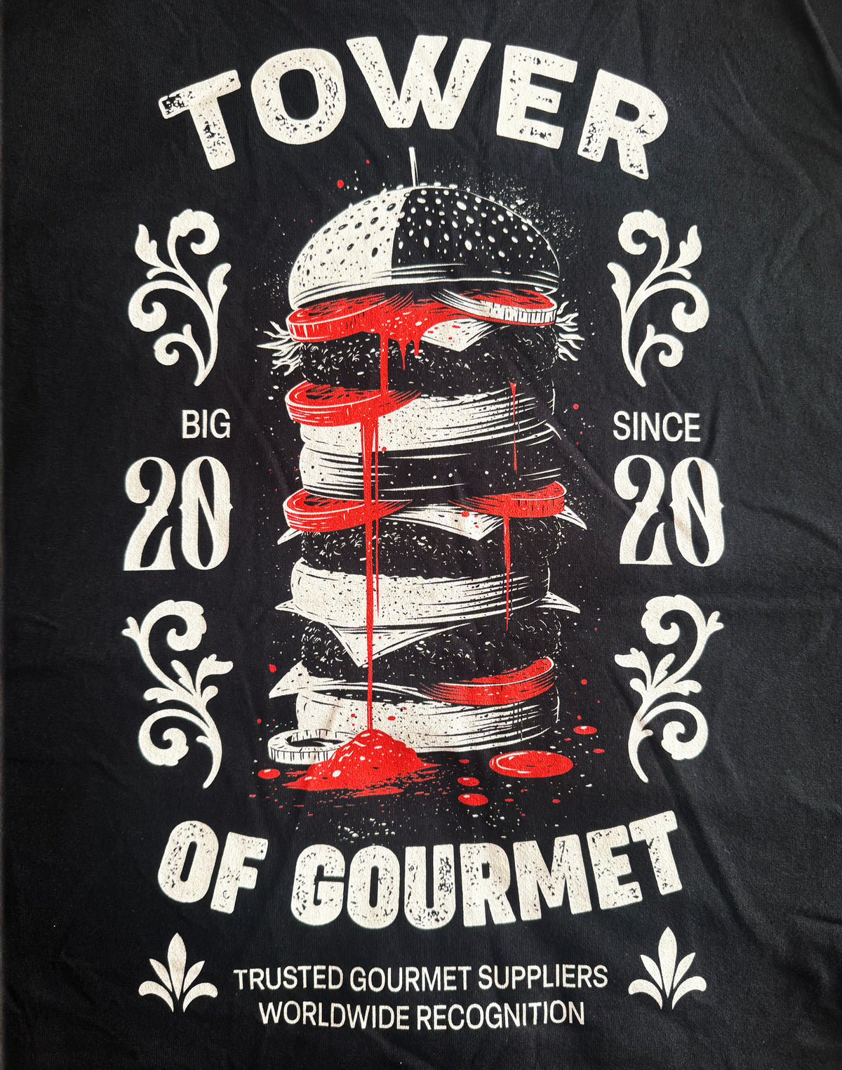 Black Unisex Premium Heavyweight Back-Design Tee "Tower of Gourmet" by Designer and Artist Lucas Gillon