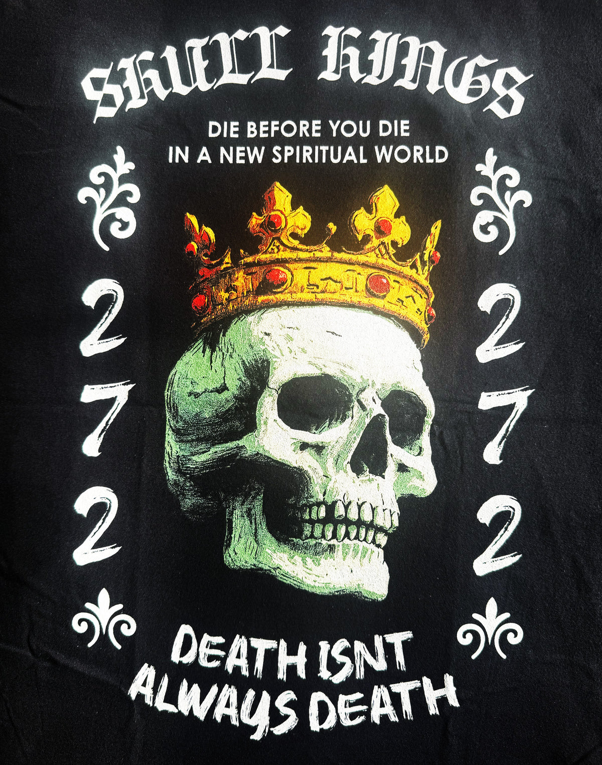 REDO - BETTER FONT BOTTOM - AI PIC & DECORATIVES - Black Unisex Premium Heavyweight Back-Design Tee "Skull Kings" by Designer and Artist Lucas Gillon