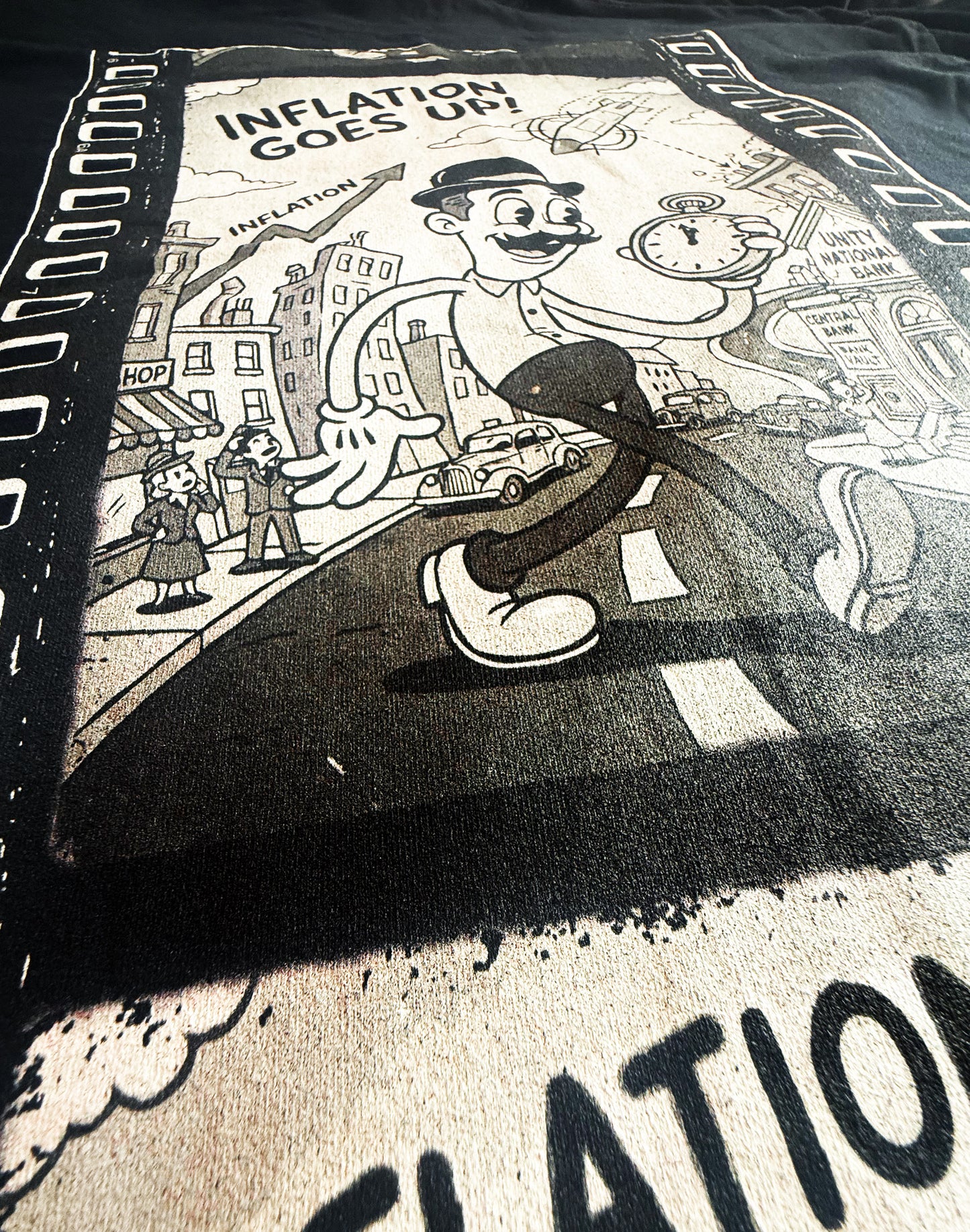 Black Unisex Premium Original Heavyweight Back-Design Tee "Inflation Goes Up" by Designer and Artist Lucas Gillon