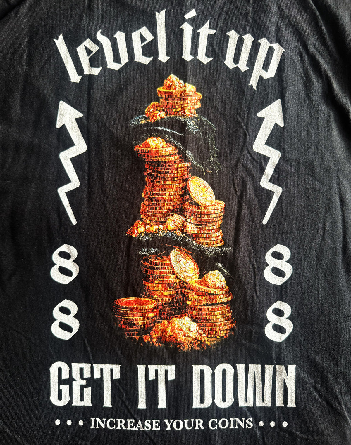 Black Unisex Premium Heavyweight Back-Design Tee "Level It Up - Increase Your Coins" by Designer and Artist Lucas Gillon