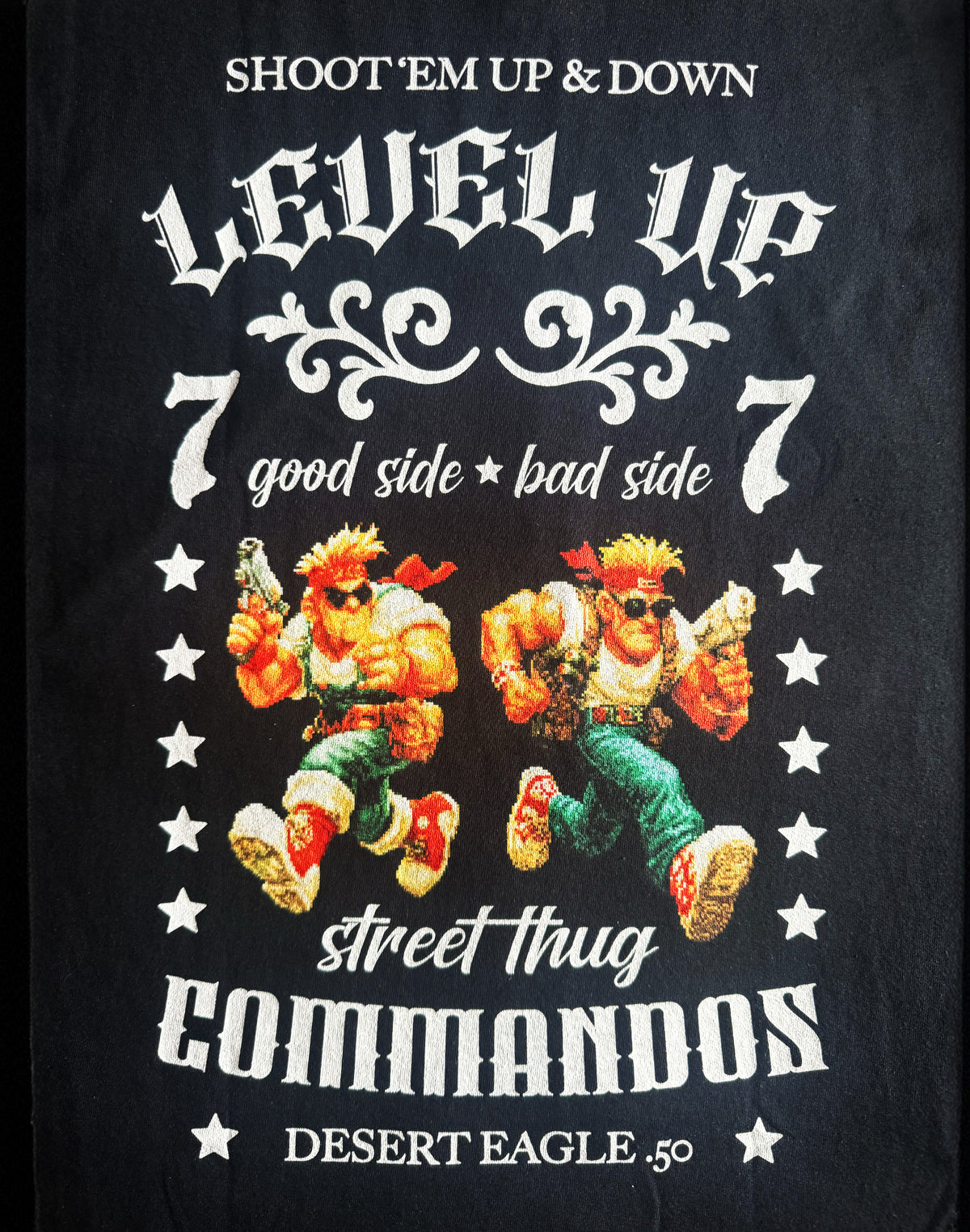 Black Unisex Premium Heavyweight Back-Design Tee "Level It Up - Street Thug Commandos" by Designer and Artist Lucas Gillon