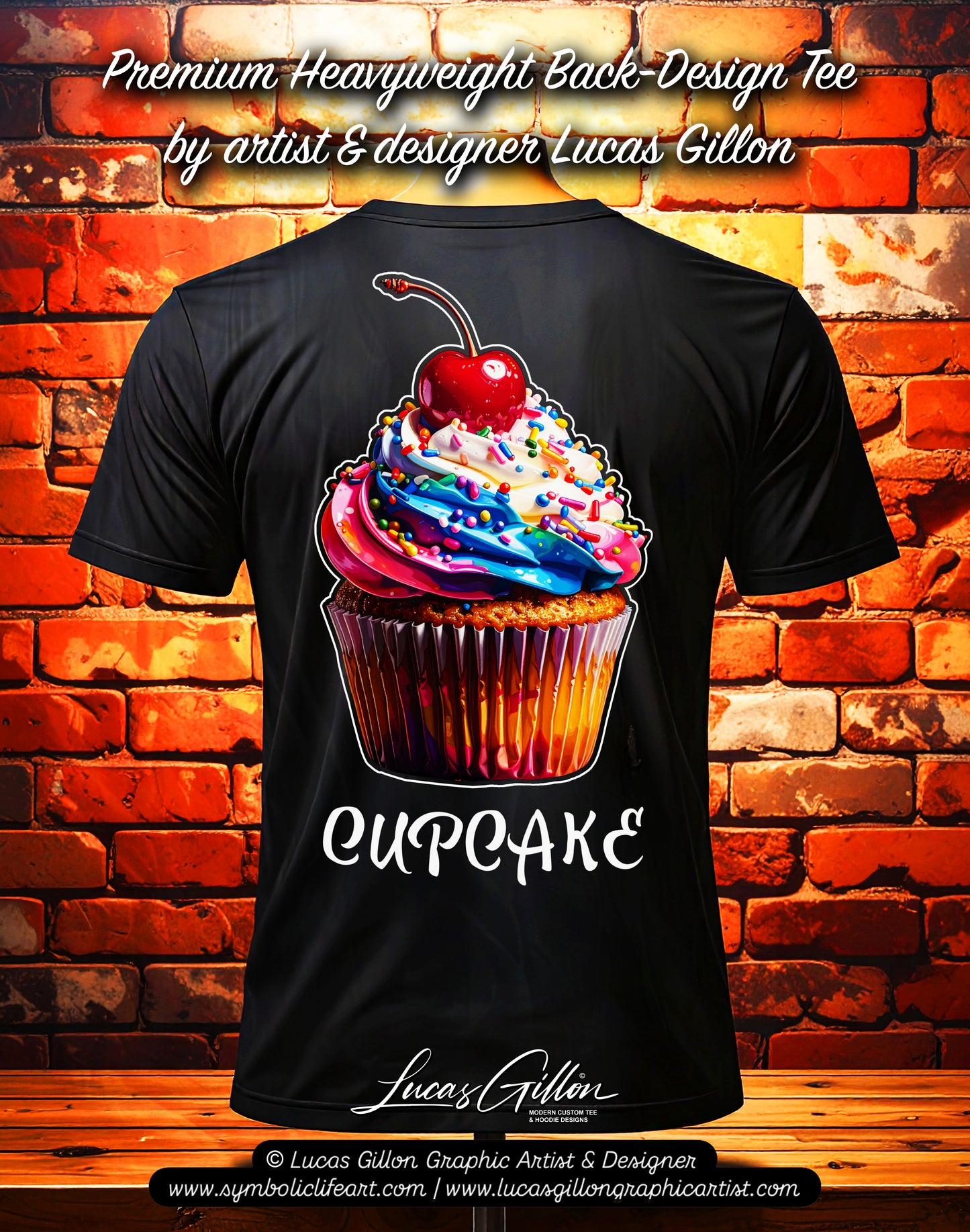 Black Unisex Premium Heavyweight Back-Design Tee "Cupcake" by Designer and Artist Lucas Gillon