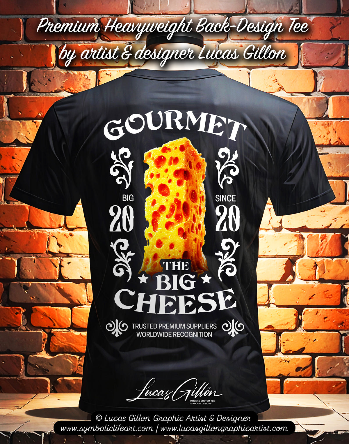 Black Unisex Premium Heavyweight Back-Design Tee "The Big Cheese" by Designer and Artist Lucas Gillon