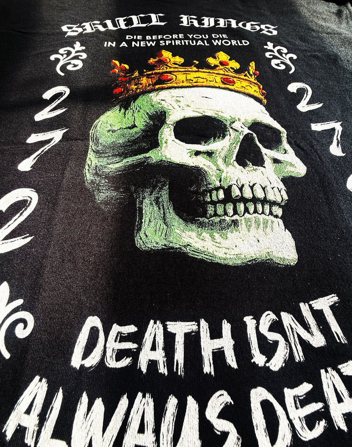 REDO - BETTER FONT BOTTOM - AI PIC & DECORATIVES - Black Unisex Premium Heavyweight Back-Design Tee "Skull Kings" by Designer and Artist Lucas Gillon