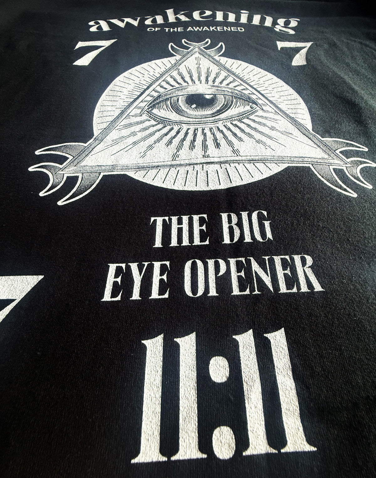 to finish - Black Unisex Premium Heavyweight Back-Design Tee "Awakening of the Awakened - The Big Eye Opener" by Designer and Artist Lucas Gillon