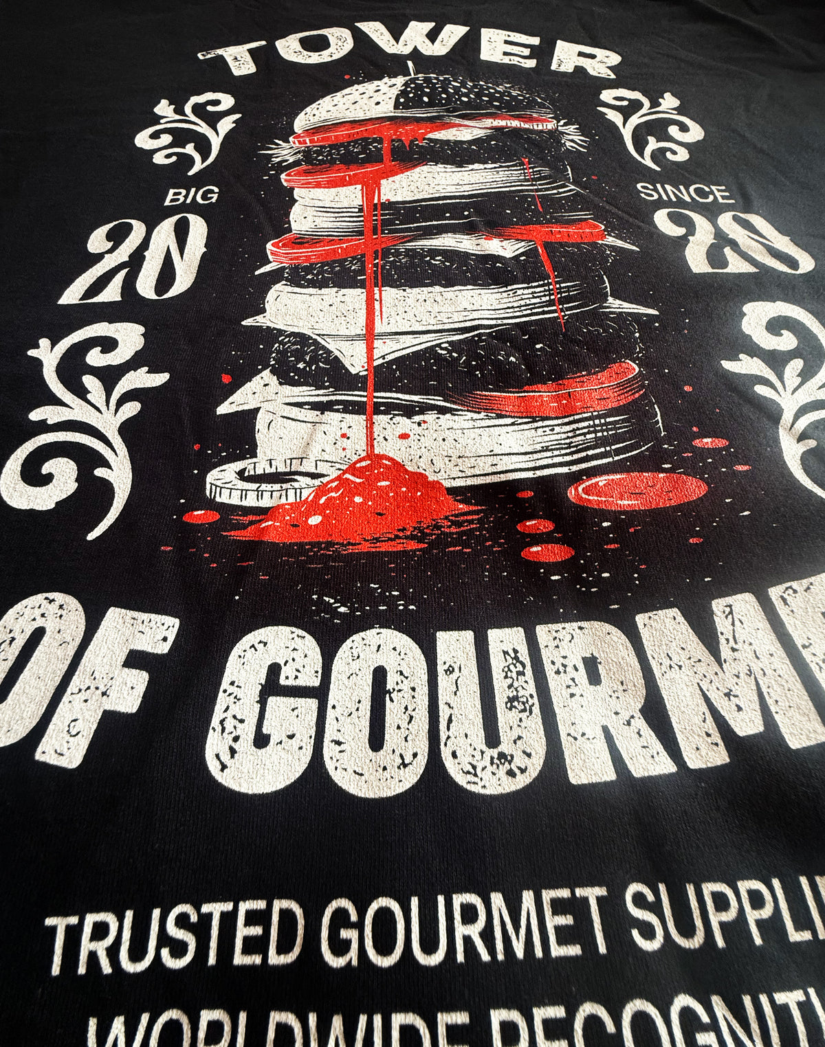 Black Unisex Premium Heavyweight Back-Design Tee "Tower of Gourmet" by Designer and Artist Lucas Gillon