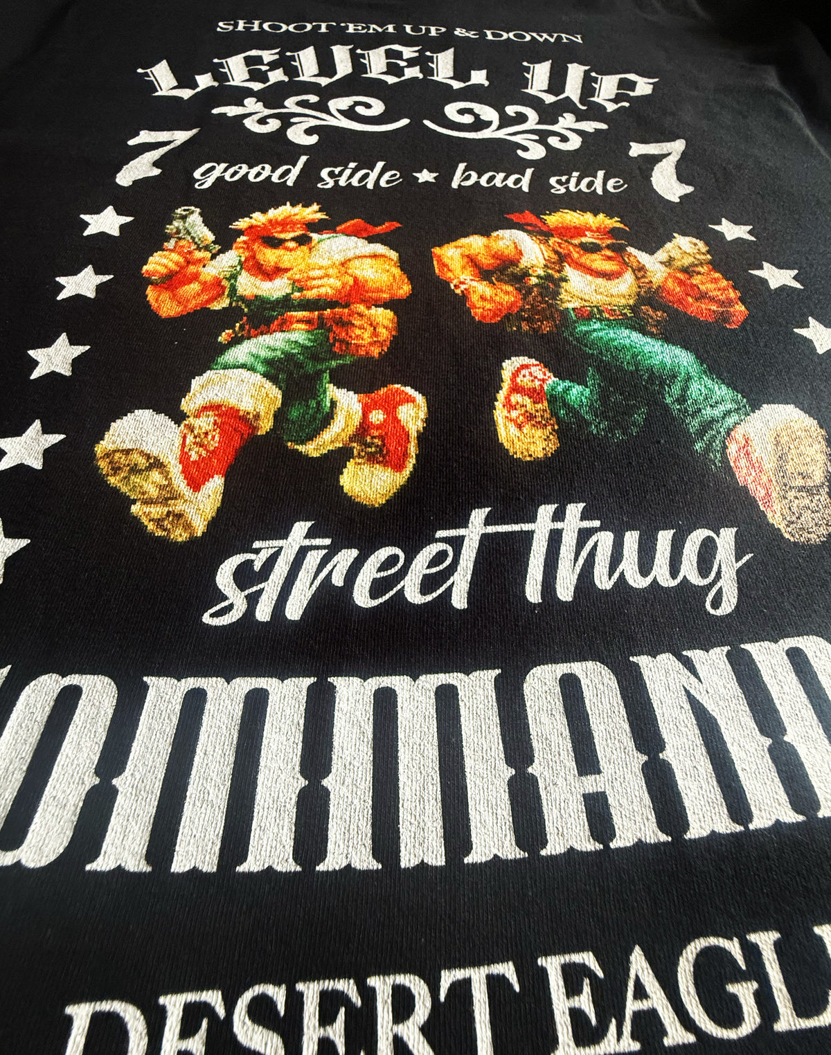 Black Unisex Premium Heavyweight Back-Design Tee "Level It Up - Street Thug Commandos" by Designer and Artist Lucas Gillon