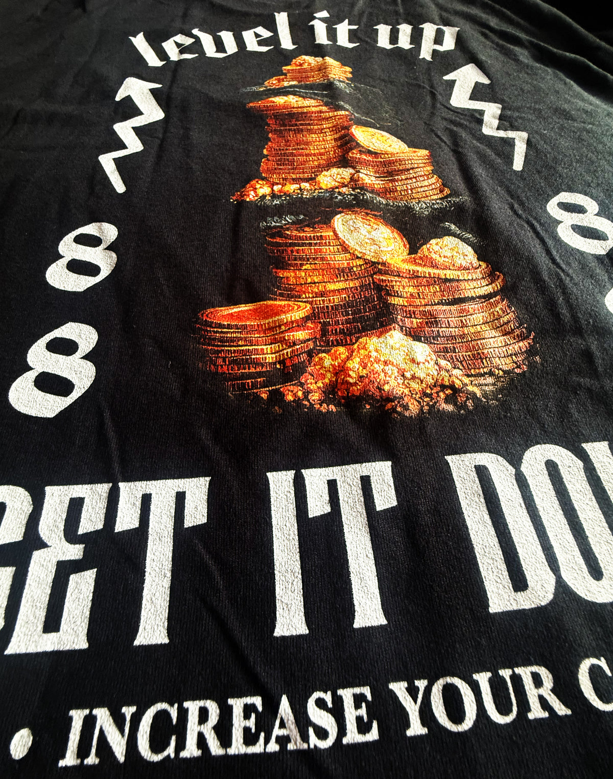 Black Unisex Premium Heavyweight Back-Design Tee "Level It Up - Increase Your Coins" by Designer and Artist Lucas Gillon