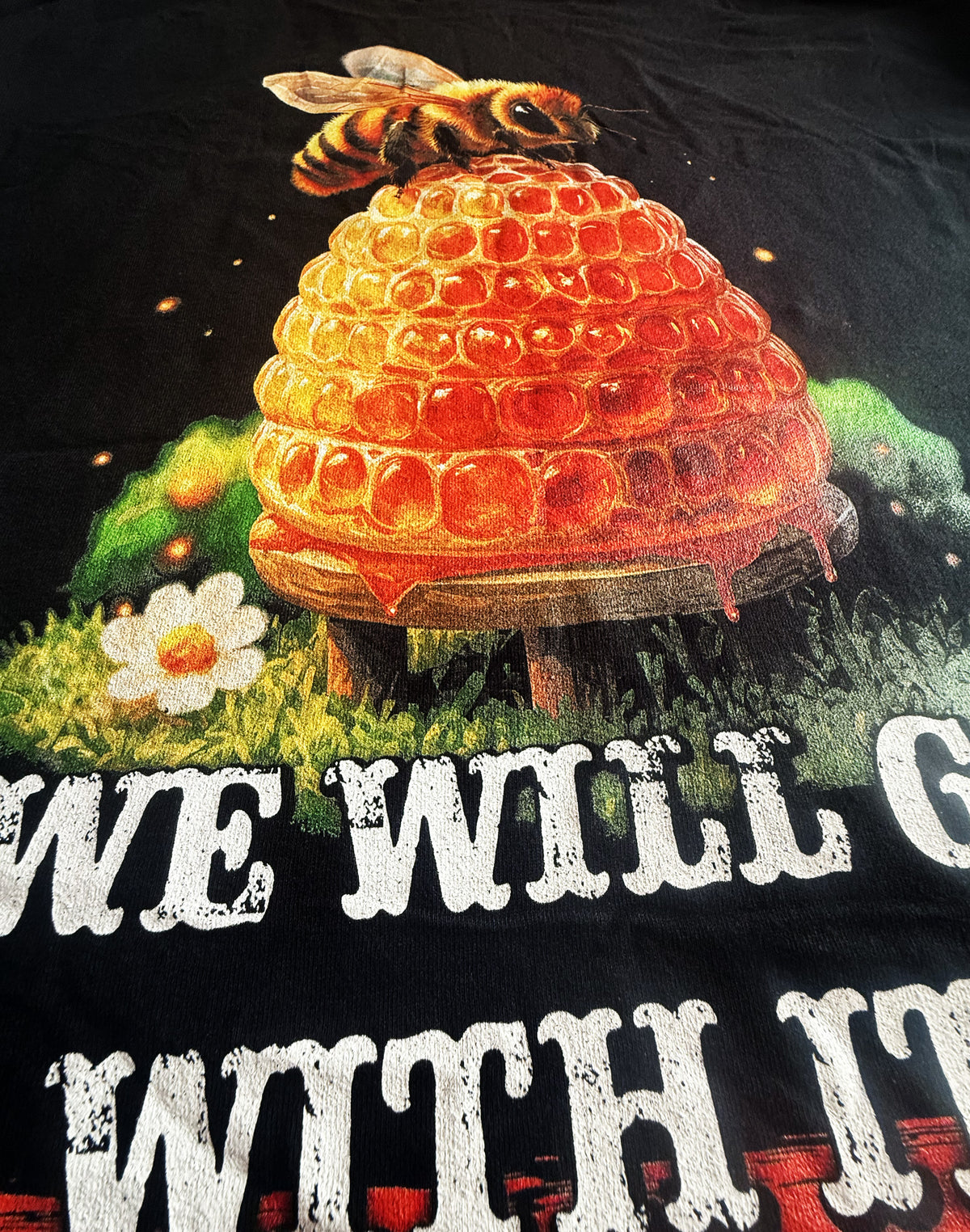 Black Unisex Premium Heavyweight Back-Design Tee "We Will Go With It - Beehive" by Designer and Artist Lucas Gillon