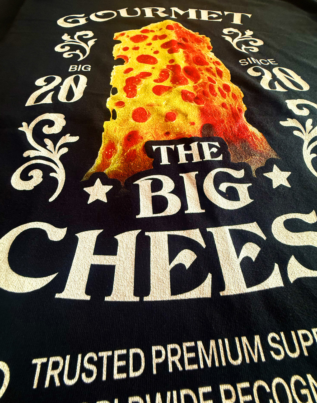 Black Unisex Premium Heavyweight Back-Design Tee "The Big Cheese" by Designer and Artist Lucas Gillon