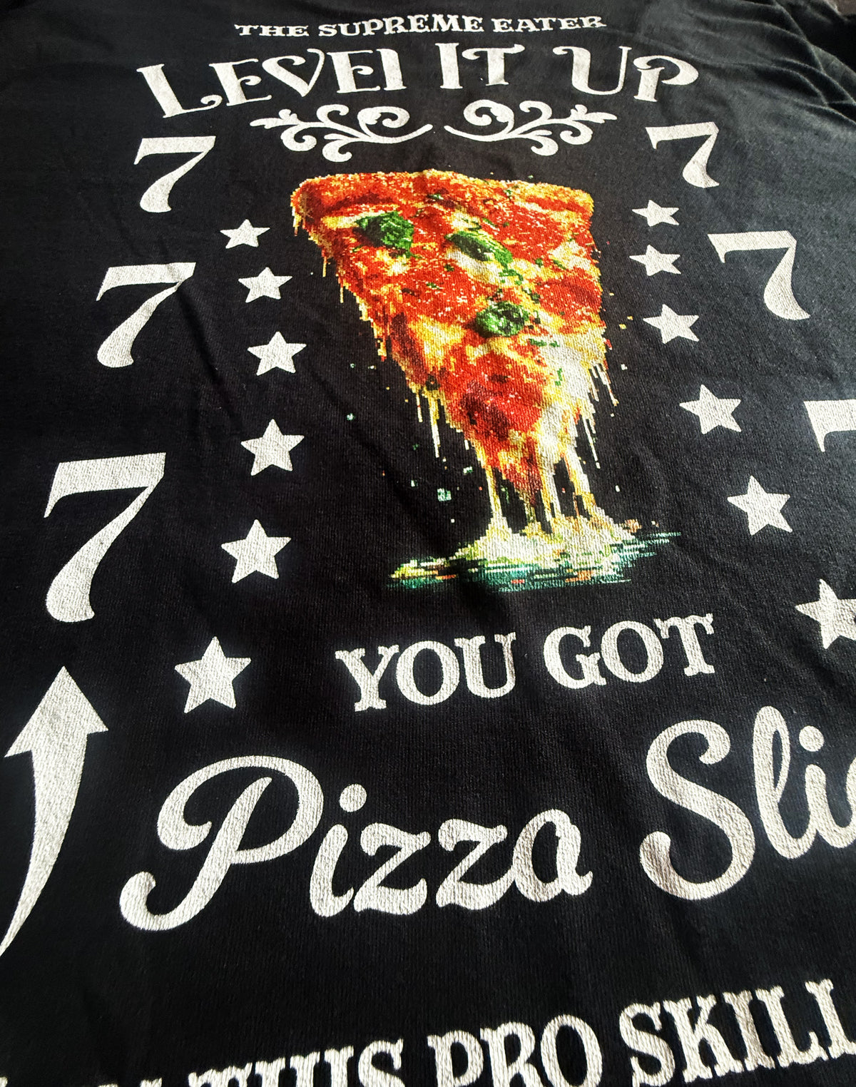 Black Unisex Premium Heavyweight Back-Design Tee "Level It Up - You Got Pizza Slice" by Designer and Artist Lucas Gillon