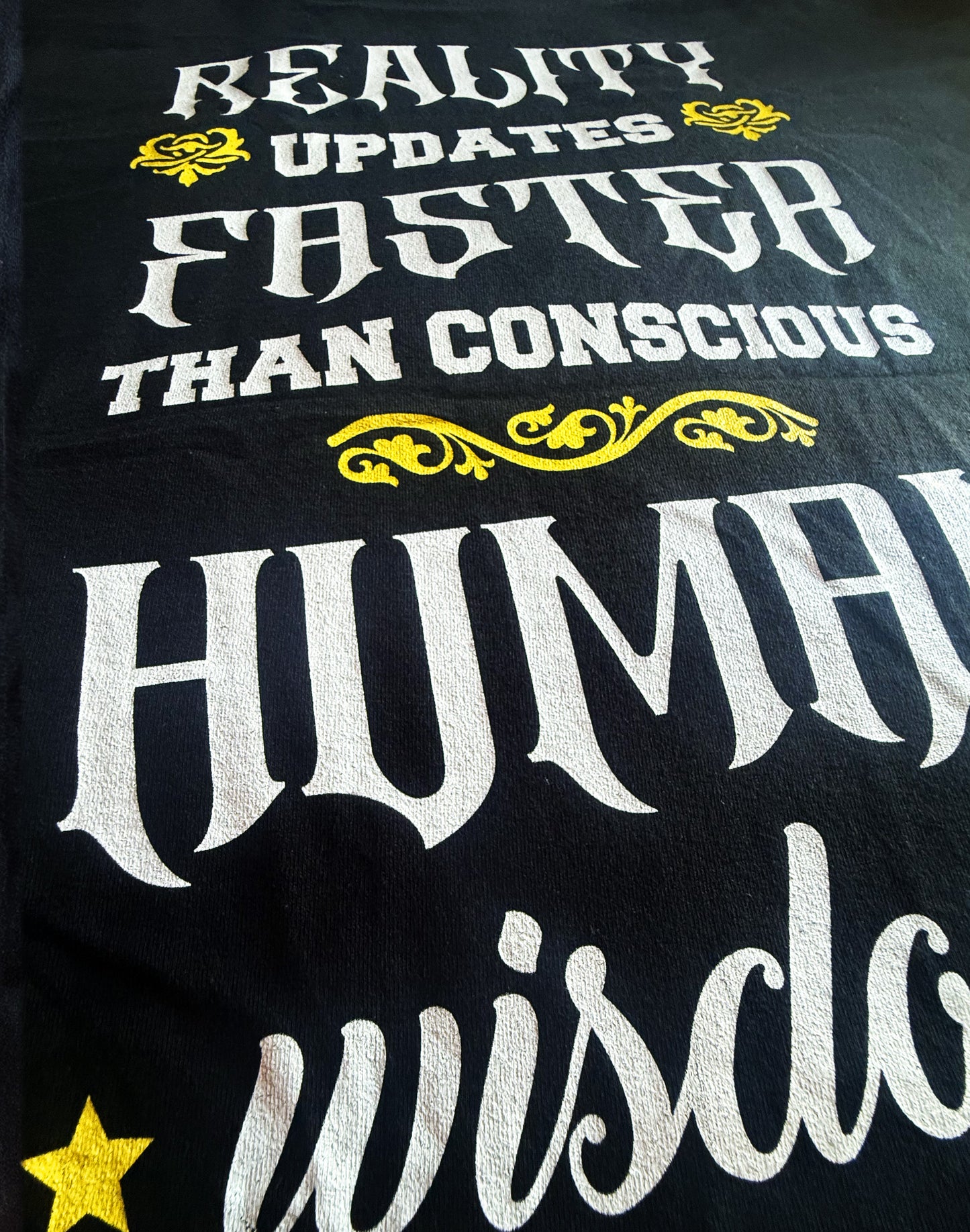 Black Unisex Premium Heavyweight Back-Design Tee "Reality Updates Faster" by Designer and Artist Lucas Gillon