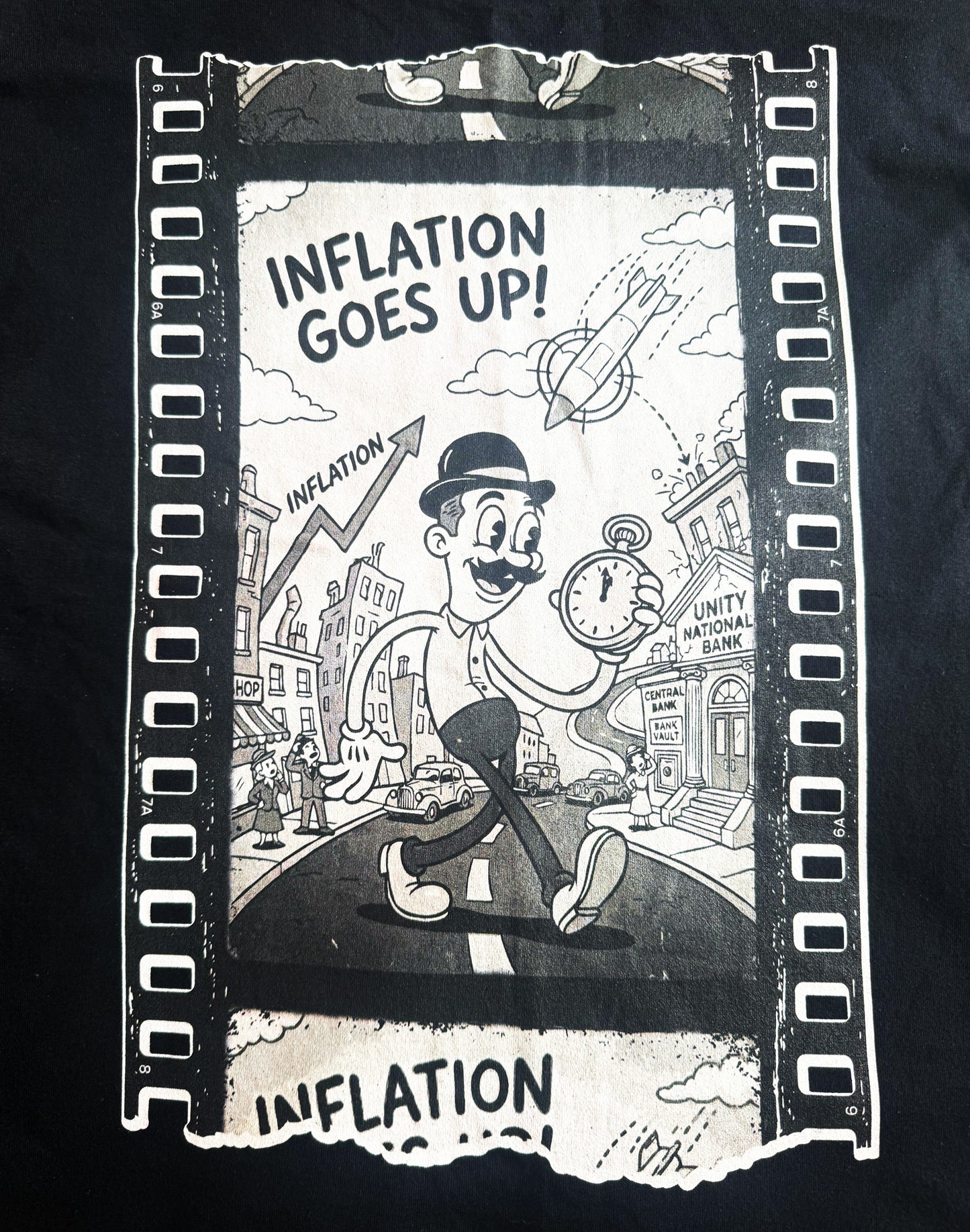 Black Unisex Premium Original Heavyweight Back-Design Tee "Inflation Goes Up" by Designer and Artist Lucas Gillon