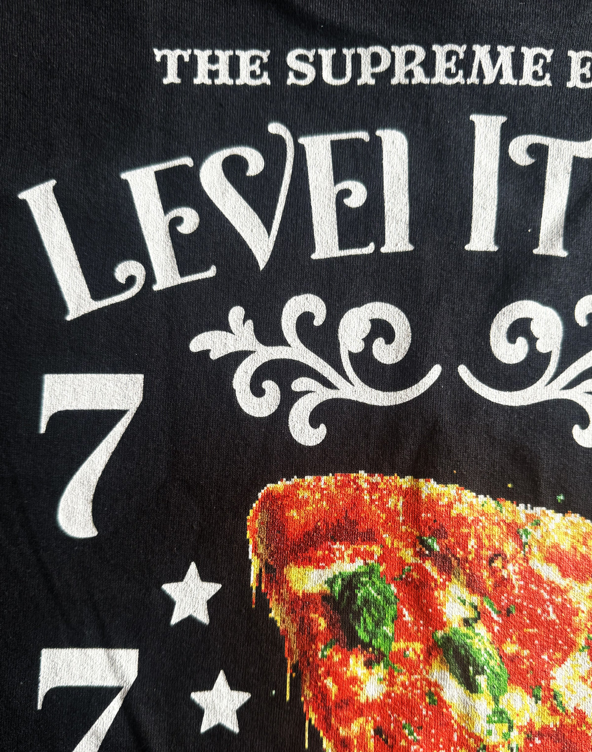 Black Unisex Premium Heavyweight Back-Design Tee "Level It Up - You Got Pizza Slice" by Designer and Artist Lucas Gillon