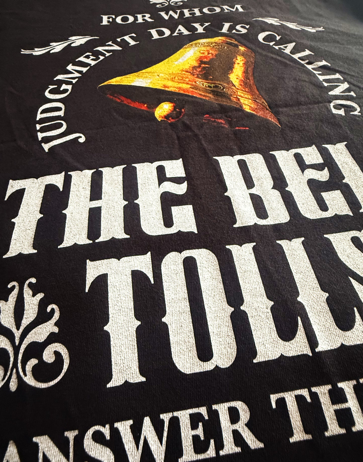 Black Unisex Premium Heavyweight Back-Design Tee "The Bell Tolls" by Designer and Artist Lucas Gillon