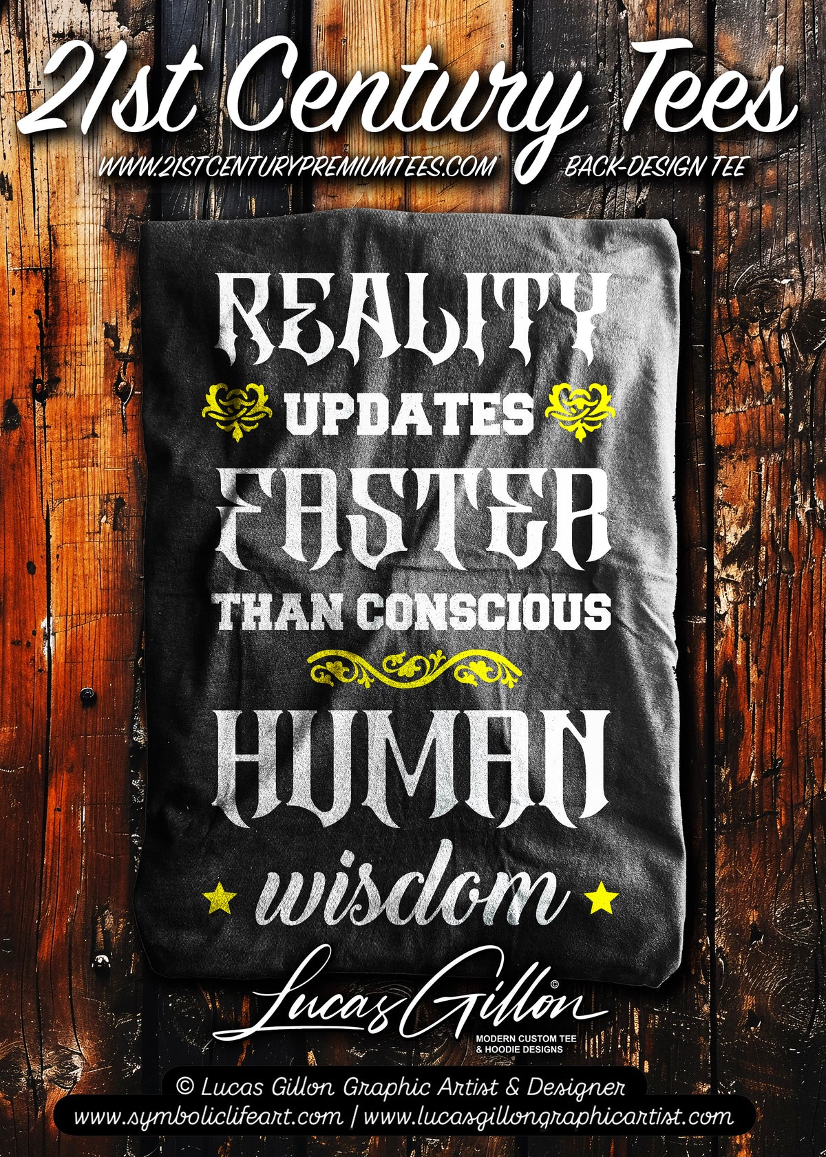 Black Unisex Premium Heavyweight Back-Design Tee "Reality Updates Faster" by Designer and Artist Lucas Gillon