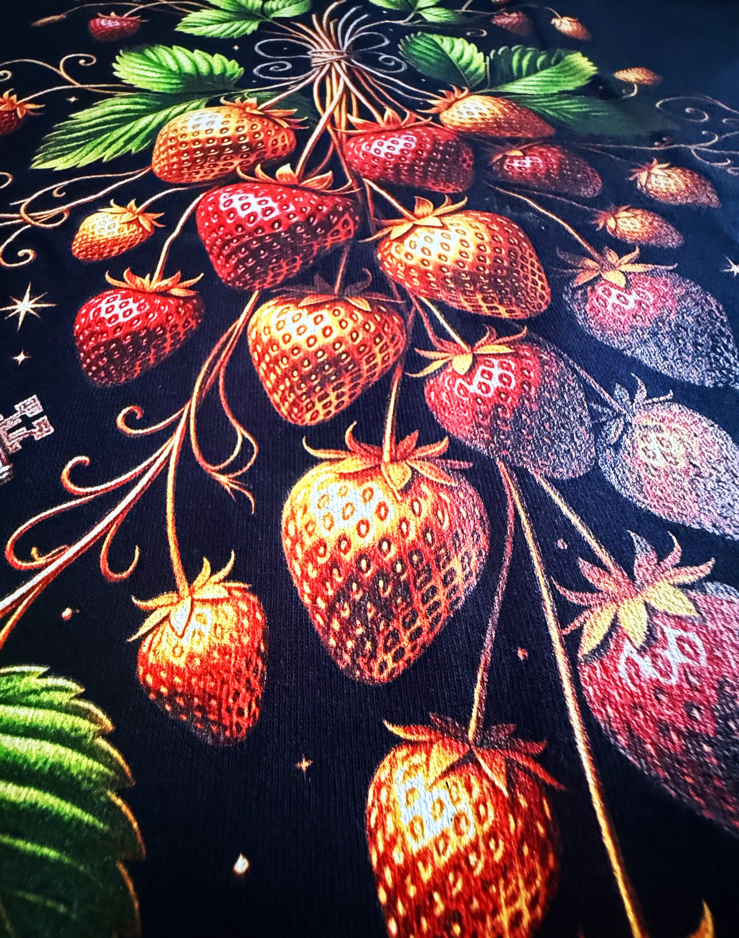Black Unisex Premium Original Heavyweight Back-Design Tee "Golden Strawberries" by Designer and Artist Lucas Gillon