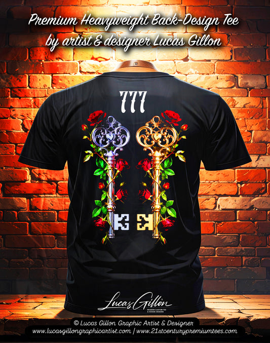 Black Unisex Premium Original Heavyweight Back-Design Tee "777 Keys" by Designer and Artist Lucas Gillon