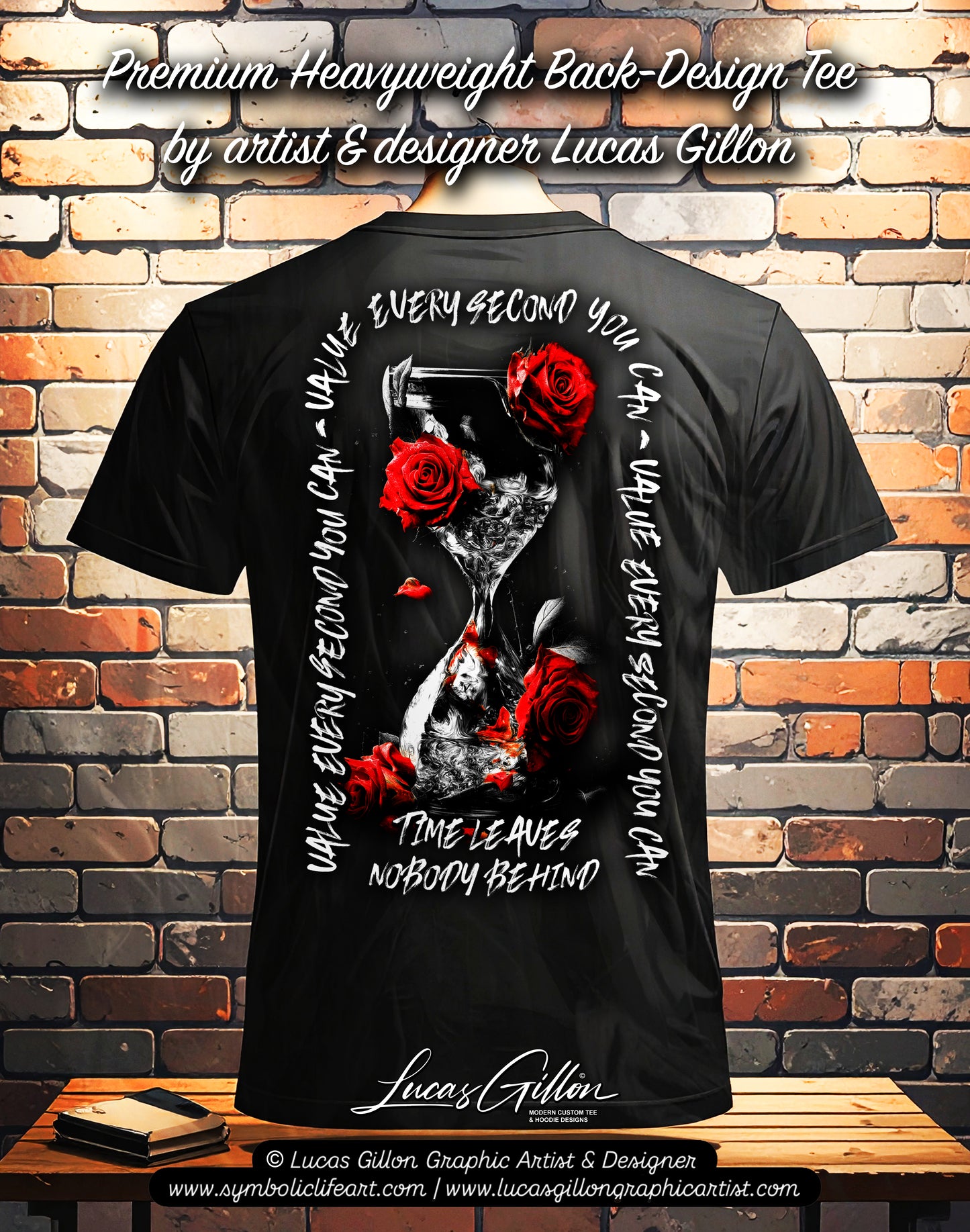 to finish - Black Unisex Premium Heavyweight Back-Design Tee "Value Every Second" by Designer and Artist Lucas Gillon