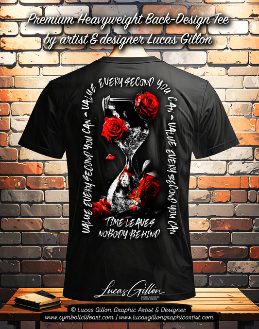 to finish - Black Unisex Premium Heavyweight Back-Design Tee "Value Every Second" by Designer and Artist Lucas Gillon
